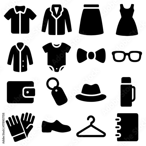 Fashion Icon Collection: A set of iconic silhouettes of fashion clothing, capturing the essential elements of style, creating a sense of timeless elegance and fashion inspiration.