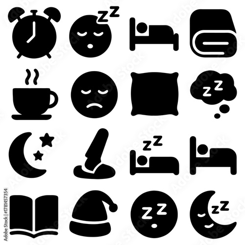 Sleeping Icons: A collection of various icons related to sleep, depicting a range of items. It evokes sense of rest and relaxation. 