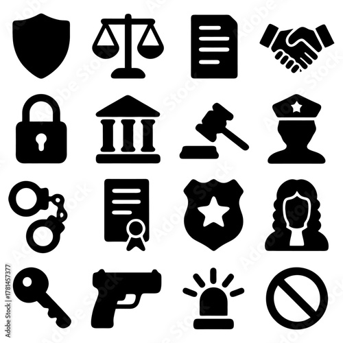 Law and Order: A comprehensive collection of iconic symbols representing law, justice, and the enforcement of order, ideal for conveying legal concepts and security.