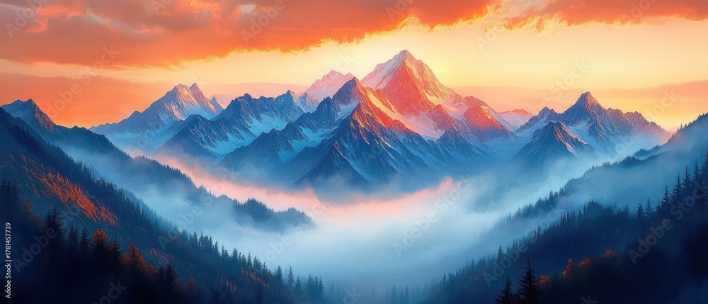 Obraz premium Vibrant sunrise illuminating tall snowy mountain peaks surrounded by misty valleys and dense pine forests evoking a serene and majestic atmosphere