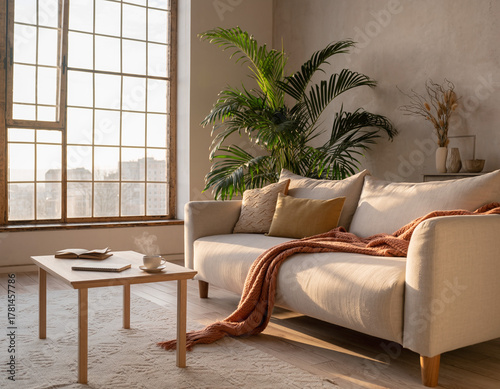 Cozy minimalist living room with warm natural light