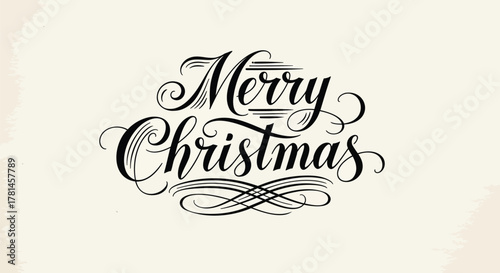 Elegant black calligraphy merry christmas greeting with ornate swirls on a textured cream background