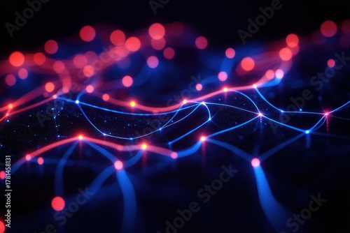 Abstract digital landscape composed of interconnected glowing blue and red nodes connected by lines on a dark background conveying a sense of complex data network and energy flow