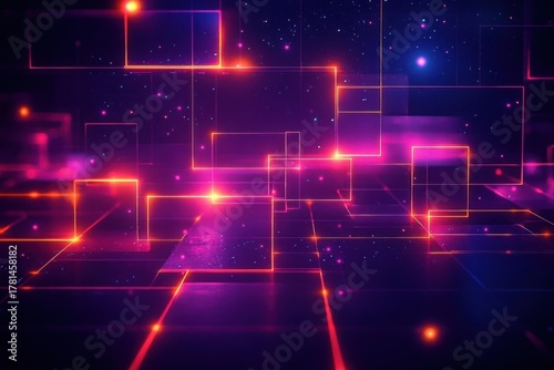 Glowing neon geometric squares and lines floating in a dark space filled with small particles, creating a futuristic and vibrant digital grid environment