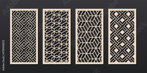Vector decorative panels with abstract geometric pattern. Cutout design for home interior decor, privacy screen, wall art, room divider, paper art. Template for laser, cnc, plasma and plotter cutting
