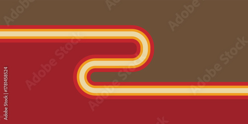 A retro 1970s style graphic with winding stripes in warm colors on a split red and brown background.