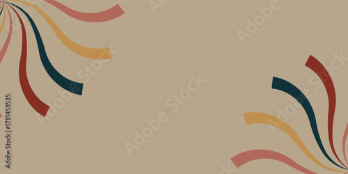 Abstract retro background with colorful wavy lines in the corners on a muted beige backdrop.