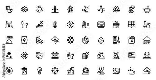 Renewable Energy icon set. Eco vector symbols pack. ncludes solar, wind, biomas, hydraulic energy, battey, eco car, recycling and ore. Editable stroke.