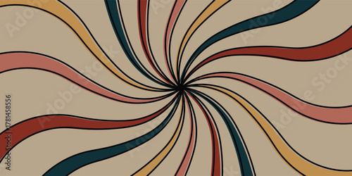 Retro 70s style swirling psychedelic background with curved colorful lines radiating from the center.