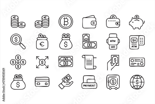 Minimalist money and payment vector icons for wallet, savings, and finance use