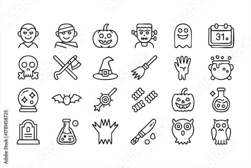 Minimalist Halloween line art icons for seasonal illustration and decoration projects