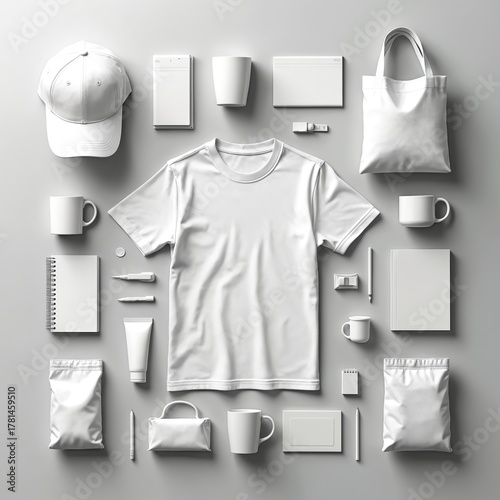 White merchandise set for corporate identity branding mockup. Flat lay with t-shirt, cap, tote bag, mug, stationery. Promotional items template for design presentation, advertising product company