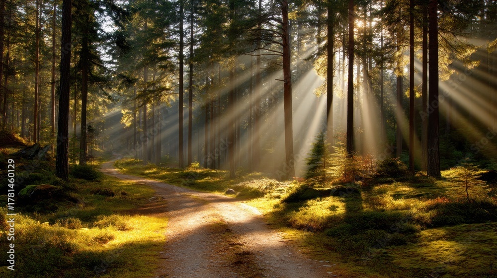 Fototapeta premium Serene Forest Pathway with Sunlight Rays Streaming Through Tall Trees in a Peaceful Natural Landscape, Perfect for Nature Lovers and Outdoor Enthusiasts
