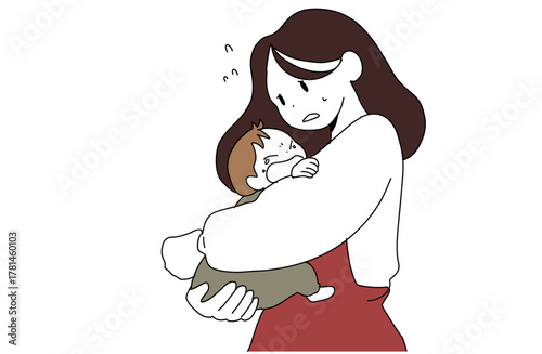 Mother holding a crying baby, looking worried illustration