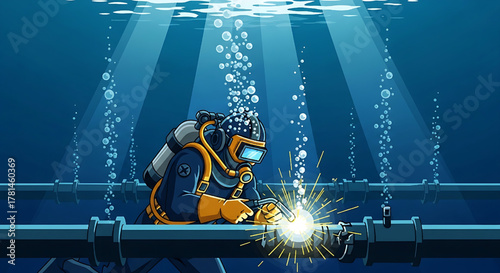 Underwater Welding: A Diver Repairing a Pipeline Illustration