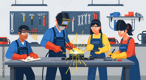 Welding Workshop Teamwork and Safety Training Illustration