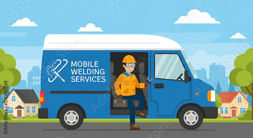 Mobile Welding Services Van with Welder Cartoon Illustration
