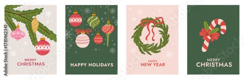 Set of retro Christmas greeting card vector illustration. Hand drawn Xmas background with holiday wreath, baubles, decorations and candy cane.