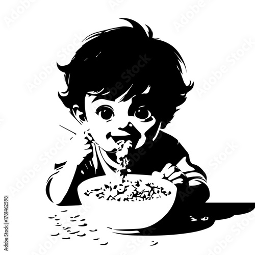 Adorable young child happily eating a bowl of cereal with a spoon