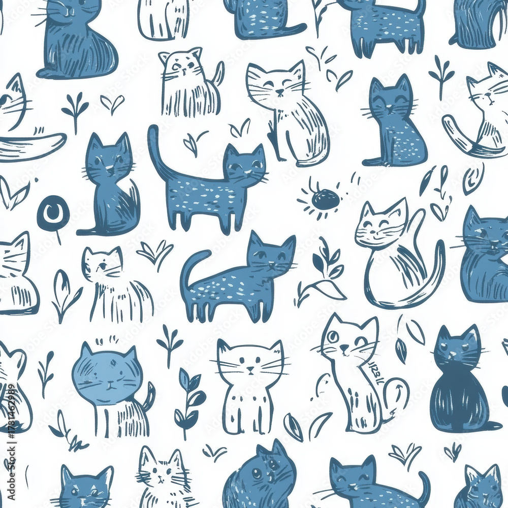 Obraz premium Cute cartoon cat seamless pattern with animals and pets illustrations