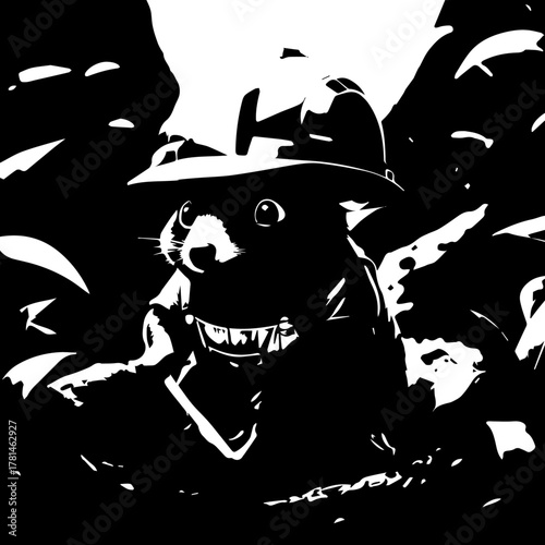 Alert Black and White Bear Cub Character Wearing Ranger Hat and Bandana, Graphic Vector Illustration