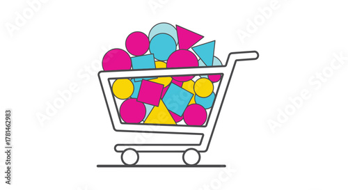 Colorful geometric shapes overflowing from a shopping cart modern design silhouette