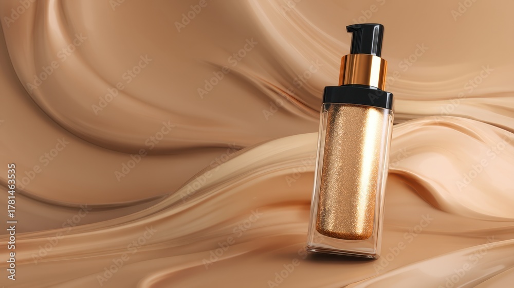 Fototapeta premium Elegant golden serum bottle on smooth cosmetic surface, showcasing premium skincare product with luxurious texture and design, perfect for beauty marketing