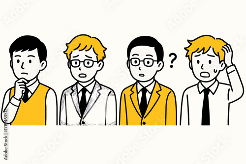 A team of businessmen with expressions of confusion, worry, and contemplation, illustrating a corporate challenge or problem-solving session