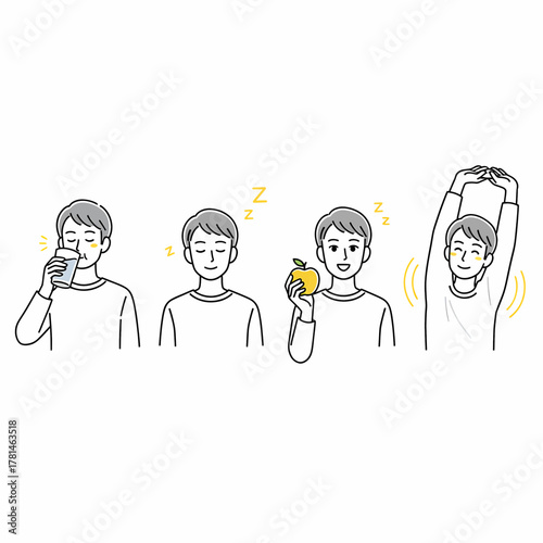 Man's daily healthy routine vector illustration drinking water, resting, eating an apple, and stretching for improved well-being and a balanced lifestyle