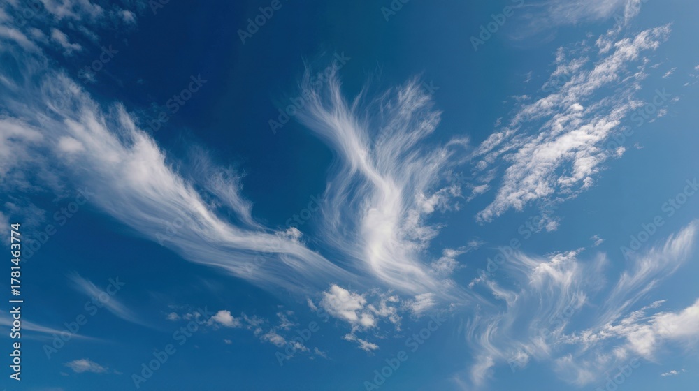 Fototapeta premium Wispy White Clouds Against a Vibrant Blue Sky in a Bright Daylight Scene Capturing the Beauty of Nature's Sky and the Vastness of the Atmosphere