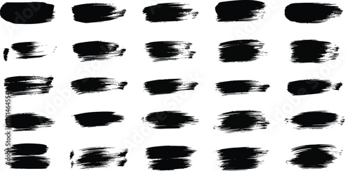 Collection of black paint brush strokes and smears on white background