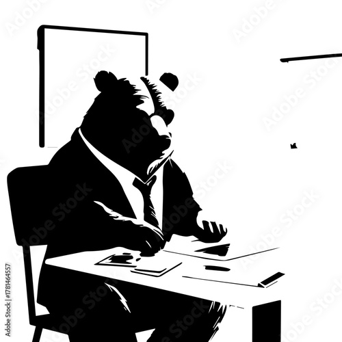 Anthropomorphic Bear in Business Suit Sitting at Desk