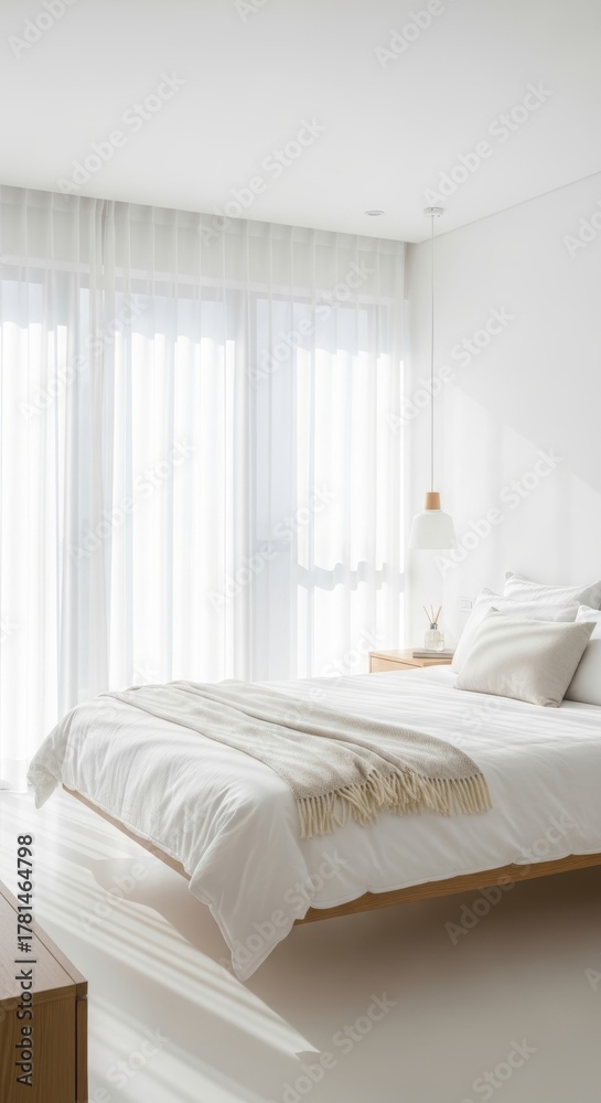 Fototapeta premium Modern minimalist bedroom interior with white bed and natural light