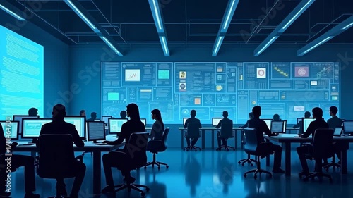 An illustration of a Security Operations Center (SOC) for cyber security, showcasing advanced technology and team collaboration, with ample copy space on the left for promotional content.