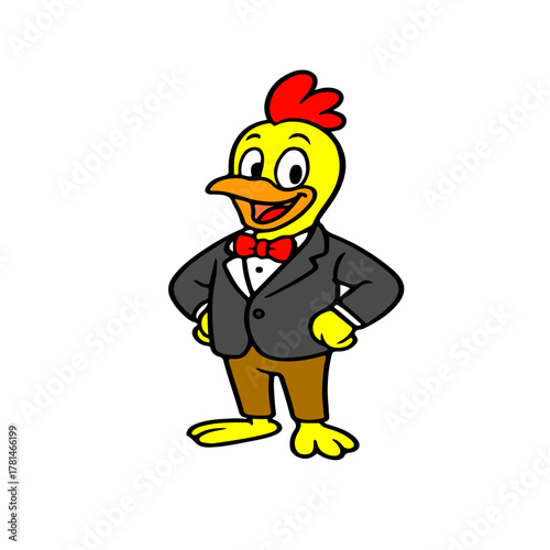 Vector illustration of a funny cartoon chicken wearing a suit and bow tie. Colorful and friendly comic style character. Perfect for children’s books, farm animal education, mascot designs, and kids pr