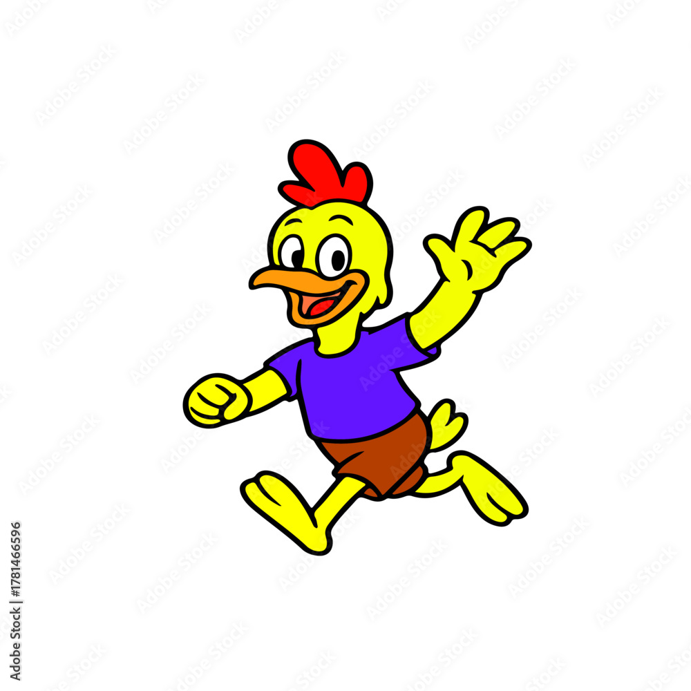 Naklejka premium Vector illustration of a cheerful cartoon chicken waving in a playful pose. Bright and simple comic style. Great for kids graphics, sticker packs, educational farm themes, and friendly mascot characte