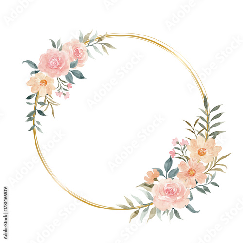 Watercolor pink floral wreath with gold circle