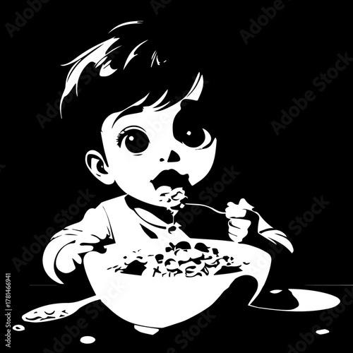 Adorable Cartoon Child Enjoying a Messy Bowl of Cereal