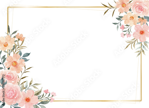 Watercolor pink rose floral with gold frame