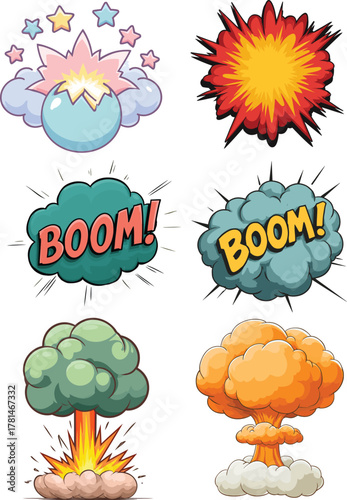 Explosive bomb explosion cartoon effects with boom clouds and stars