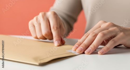 Careful hands sealing brown envelope with adhesive strip, preparing confidential document for secure mailing on white table, close up of meticulous office procedure