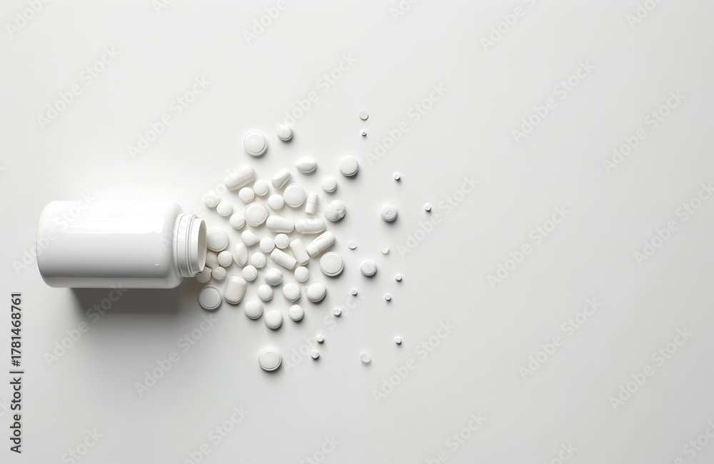 Naklejka premium White medical pills spill from open bottle onto clean white surface. Various tablets and capsules scattered across the backdrop. Isolated pharmaceutical products await use for recovery or pain relief.