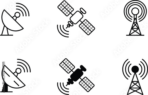 Communication icons set with satellite dish, radio tower, signal waves, broadcasting technology, vector illustration, black silhouette, telecom network, isolated design