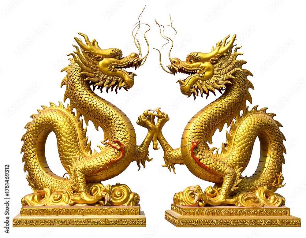 Fototapeta premium A pair of ornate golden dragons face each other. Both are detailed with scales, claws, and flowing whiskers. They rest on detailed pedestal bases