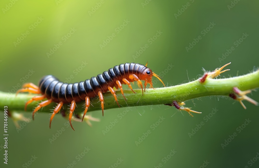 Fototapeta premium A creepy centipede with orange legs crawls on a thin green plant branch. This multi-legged arthropod has a long segmented body. It moves carefully through its natural habitat.