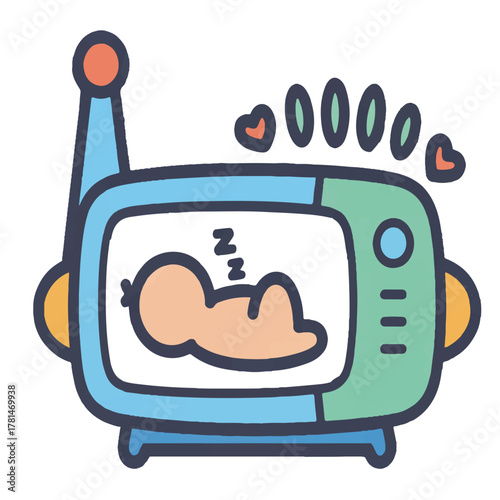Illustration of a baby monitor with a sleeping baby on the screen