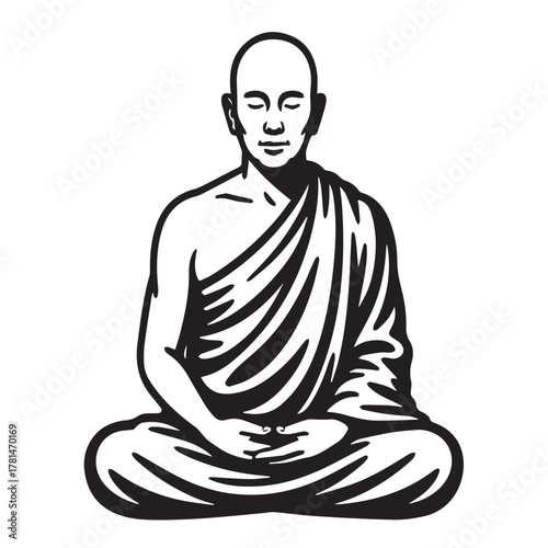 Meditating monk isolated on white background in a state of mindfulness