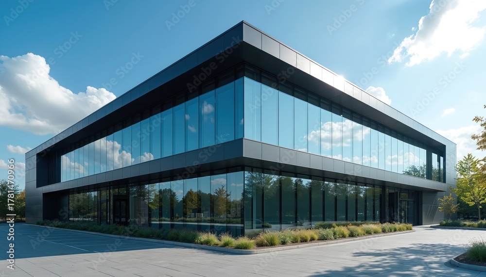 Fototapeta premium Modern glass building with clean lines stands under blue sky with clouds. Reflective facade mirrors surrounding trees and sky. Professional office exterior with minimalist design.