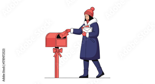 Woman Mailing Christmas Letter in Winter