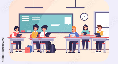 Diverse group of students in a modern classroom using digital tablets for interactive learning and education